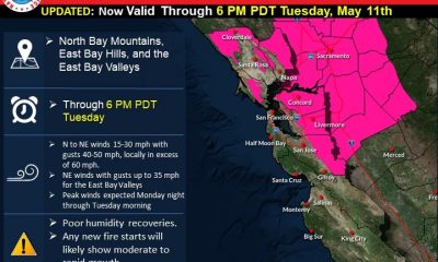 Red flag warning for North and East Bay Hills extended to Tuesday night